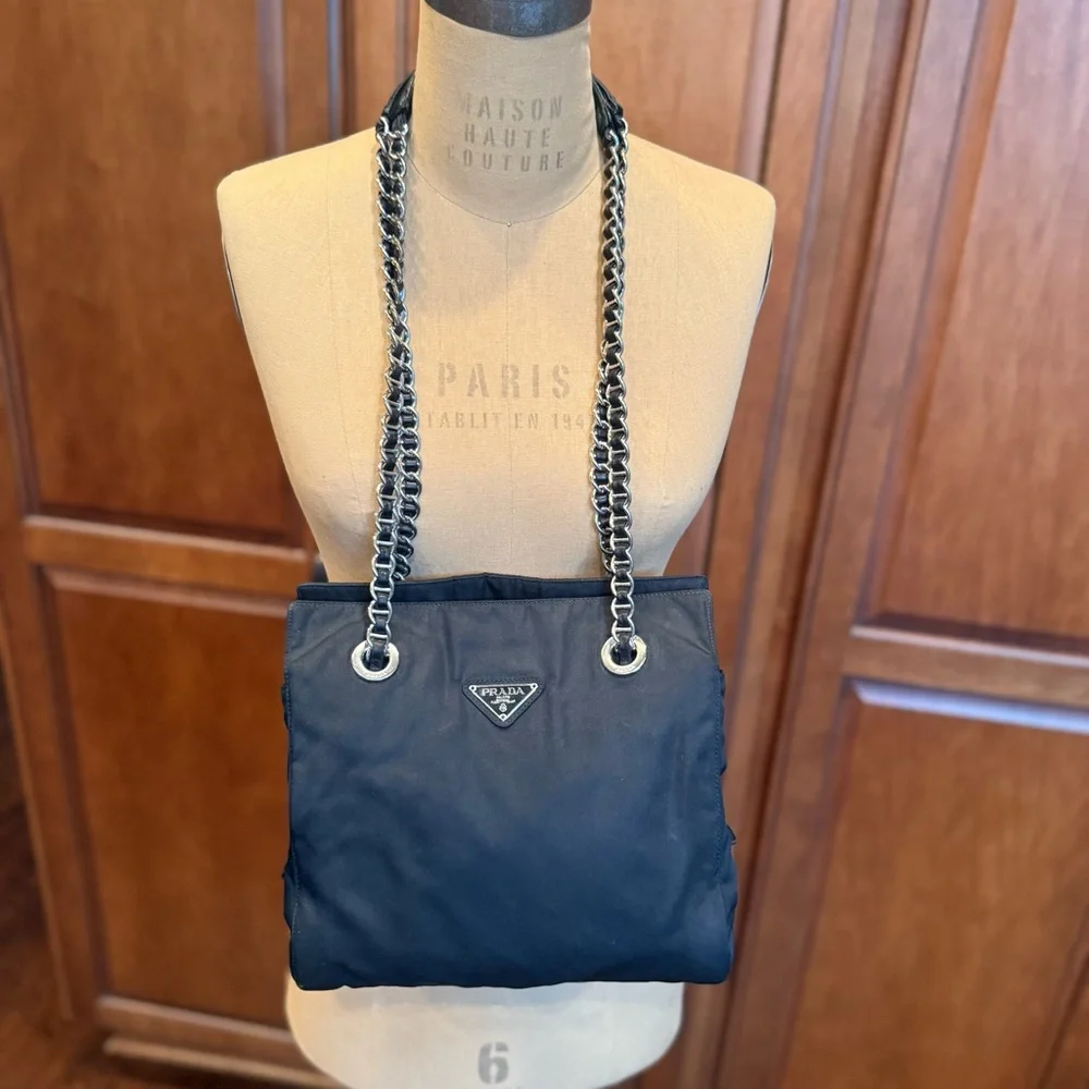 Prada Black Nylon Shoulder Bag w/ Silver and  Saffiano Black Leather Chain Strap - Picture 2 of 12